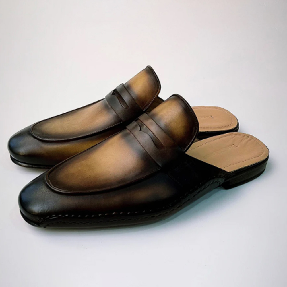 Tucci Di Lusso Men's Premium Burnished Brown Handmade Italian Leather Luxury Mule Slippers