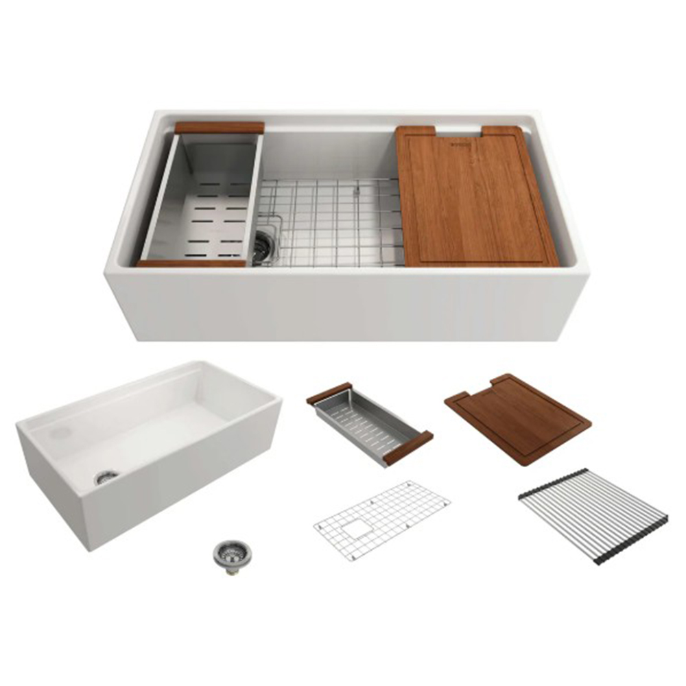 BOCCHI Contempo 36" Fireclay Workstation Farmhouse Sink with Accessories, White, 1505-001-0120